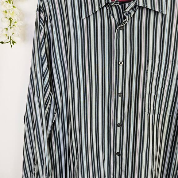 Alan Flusser XL Striped Dress Shirt Button UP Blue Green Cotton Men Professional - Picture 8 of 10